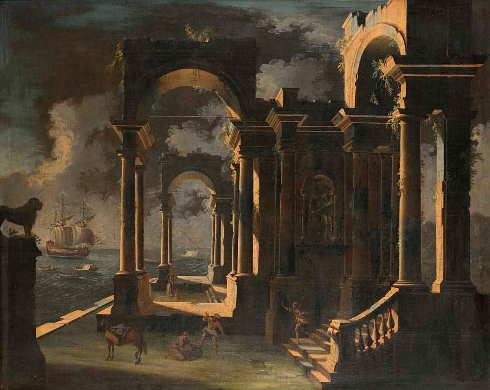 Leonardo Coccorante comparable auction result: leonardo coccorante attributed to architecture with figures and background of coastal views