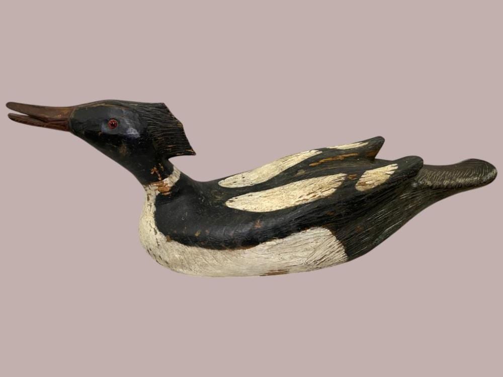 Antique RLH signed Merganser Duck Decoy sold by Schultz Auctioneers, lot 1135 — auction record photograph