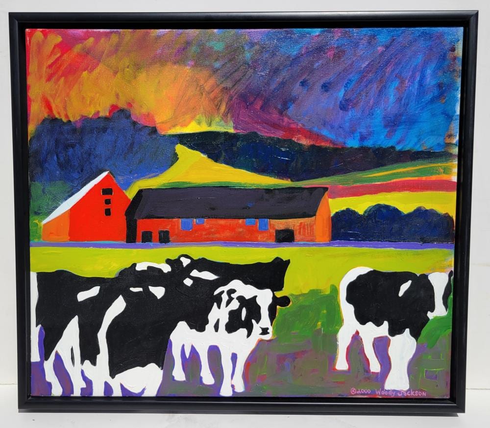 Woody Jackson comparable auction result: woody jackson painting ben n jerrys artist cows pasture barn original usd 2 6k receipt 24in x 28in dated 2000 vermont new england