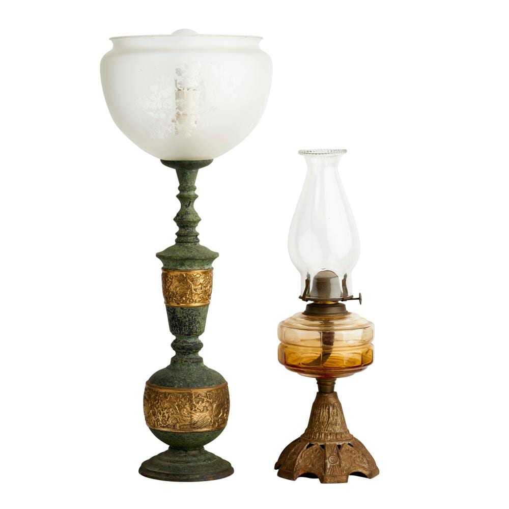 A LATE VICTORIAN OIL LAMP AND ANOTHER TABLE LAMP The oil lamp circa 1900 sold by Leonard Joel, lot 231 — auction record photograph