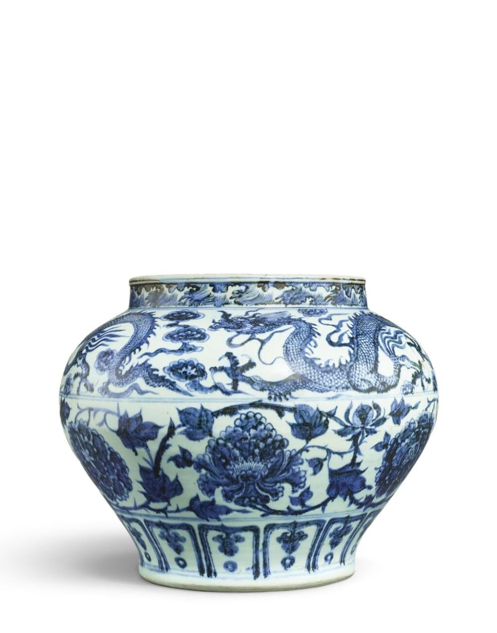 An exceptionally rare and superbly painted blue and white 'dragon and peony' jar, Yuan dynasty | 元　青花纏枝牡丹雲龍紋大罐 comparable sale