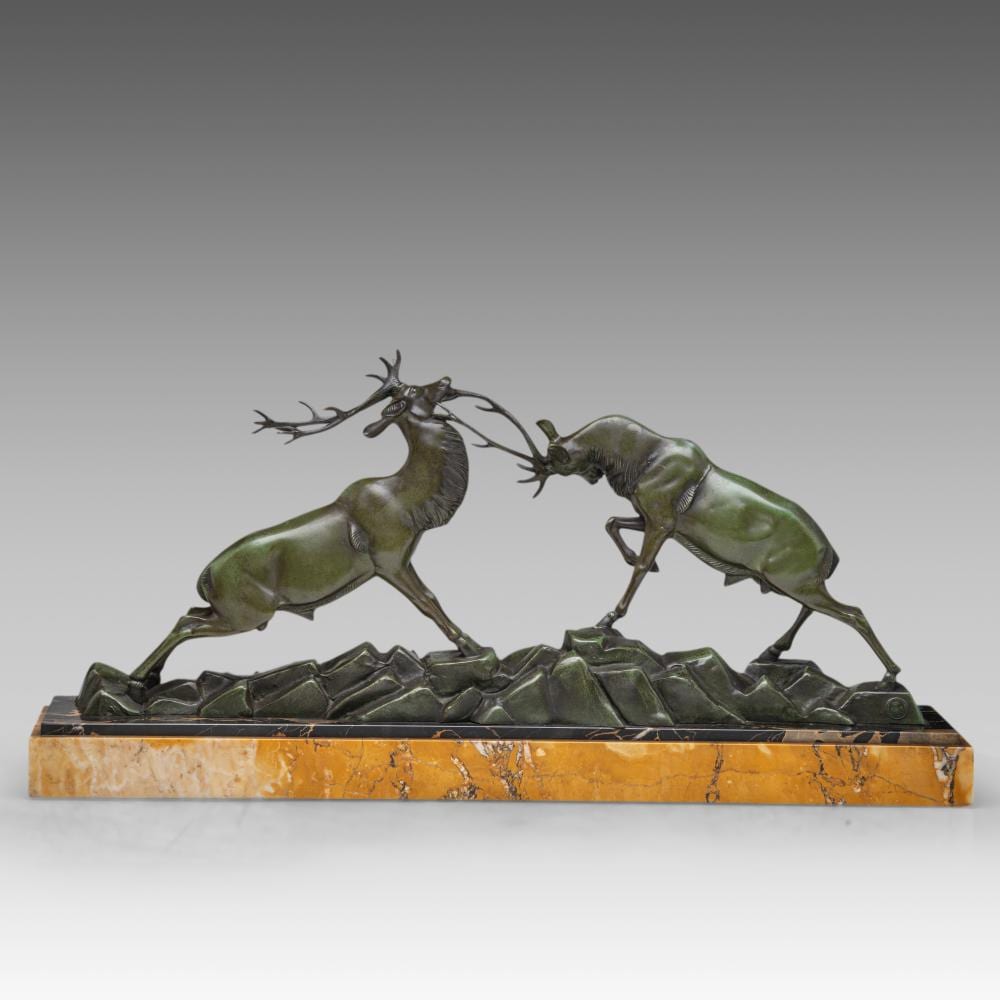 Irénée Rochard comparable auction result: ir n e rochard 1906 1984 two fighting stags green patinated spelter on a marble base h 31 w 65 cm