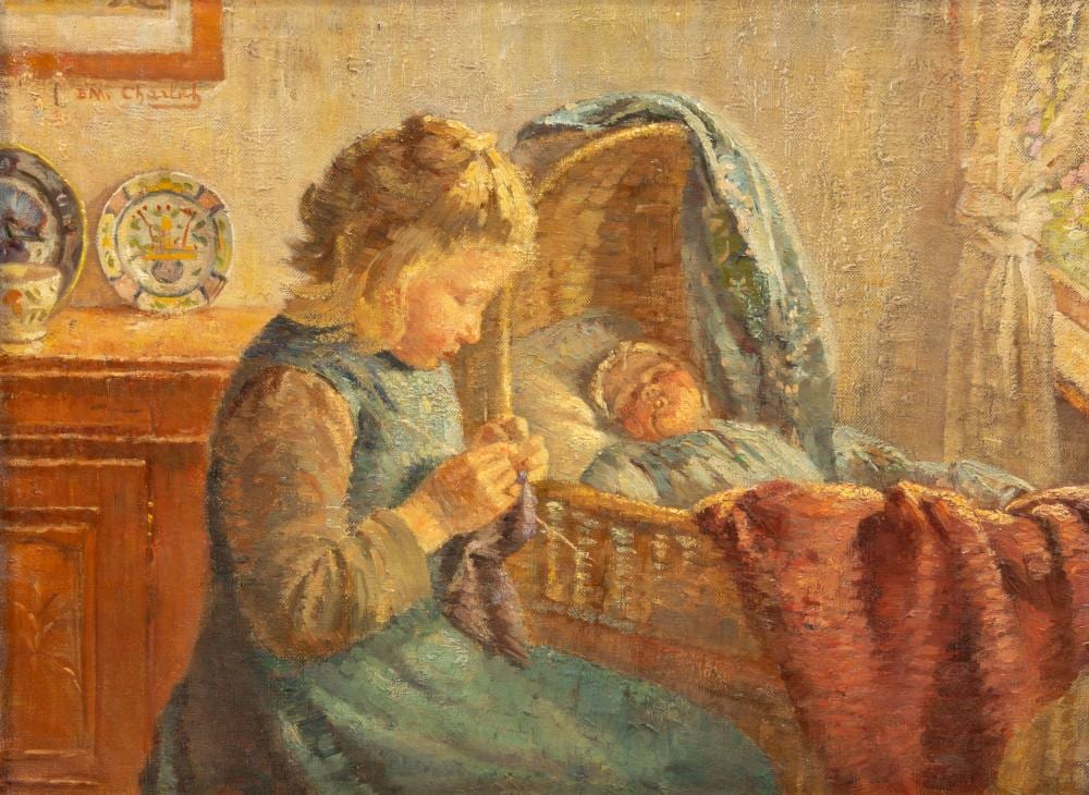 Emile Charlet comparable auction result: emile charlet 1851 1910 young girl knitting near the cradle oil on canvas 44 x 58 cm 17 3 x 22 8 in frame 65 x 80 cm 25 5 x 31 1 2 in
