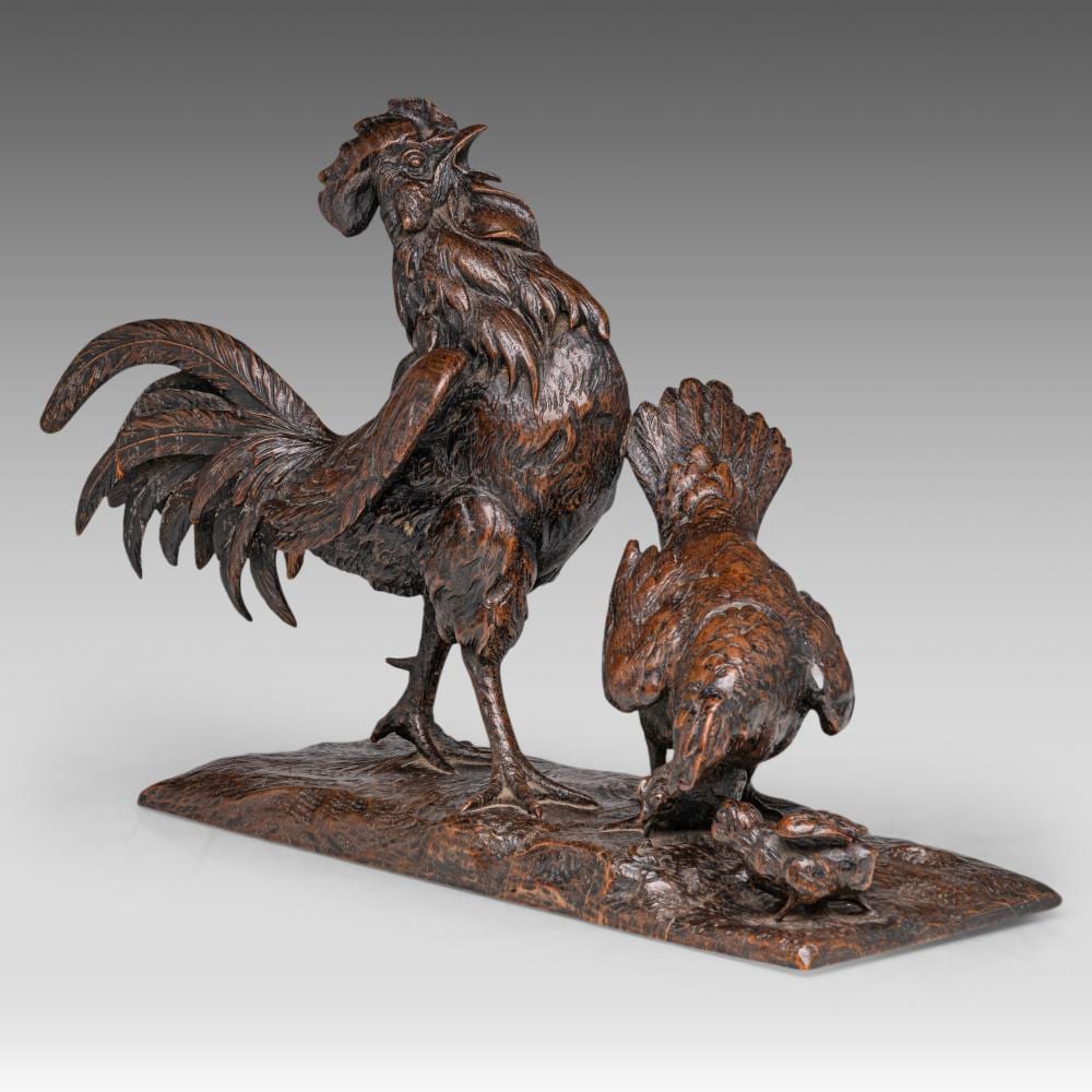 Antonio Amorgasti comparable auction result: antonio amorgasti 1880 1942 carved wooden sculpture of a rooster and chicken h 34 w 50 cm