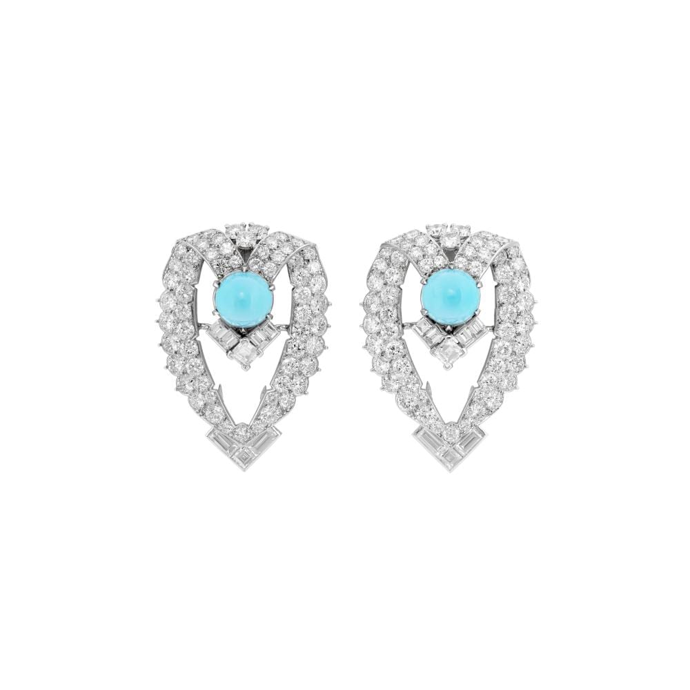 Carl Frederik Reuterswärd comparable auction result: mid 20th century pair of turquoise and diamond clip brooches mounted by car