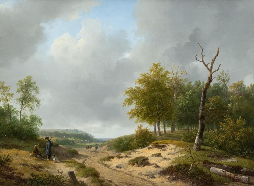 Landscape painting showing a dirt road through trees and fields under a cloudy sky, with a few figures and a dog near the path.