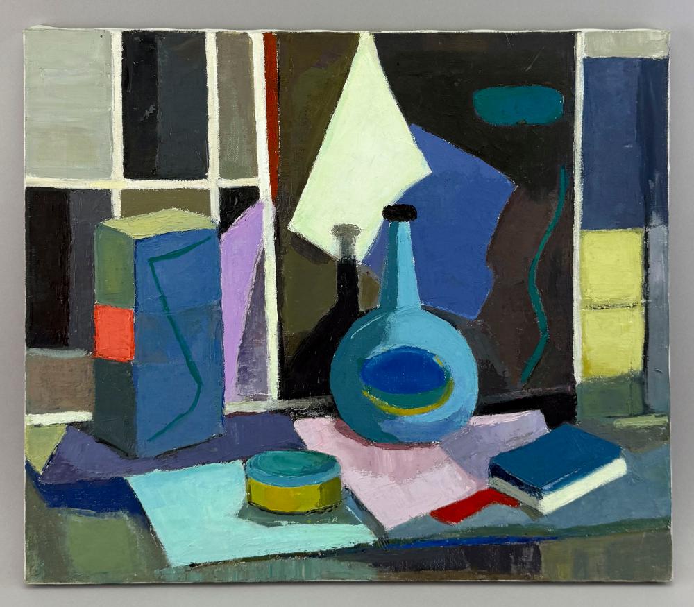 M. Zena Lesser comparable auction result: m zena lesser massachusetts 1926 2022 still life of books and a blue bottle oil on canvas 20 x 24 unframed