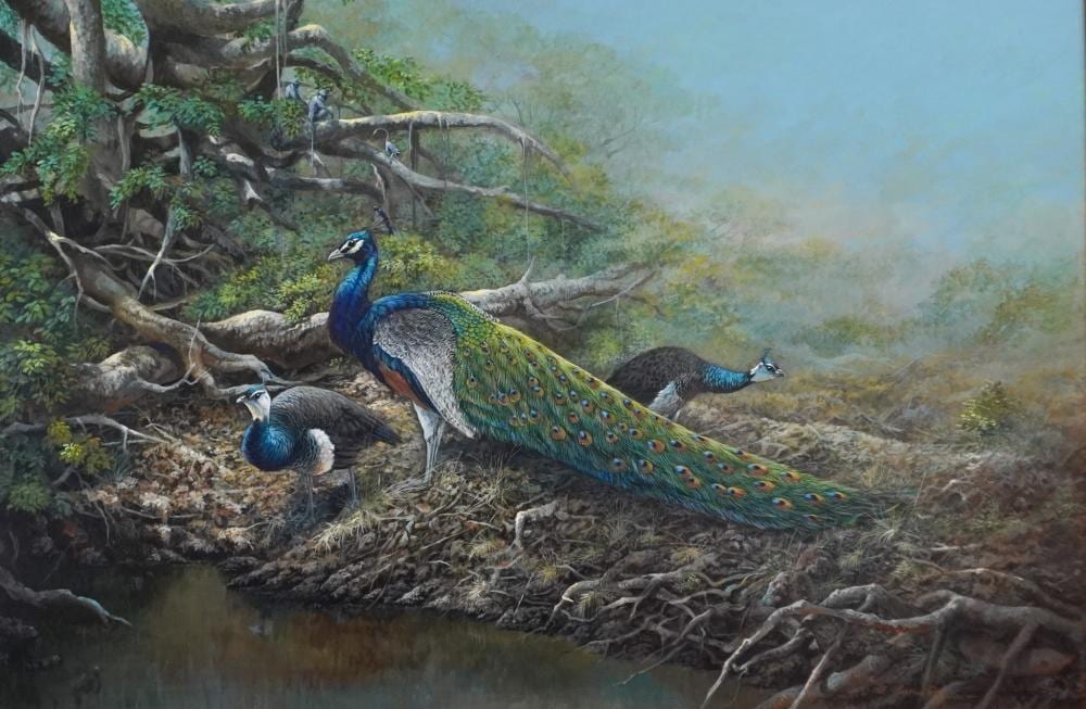 gamini ratnavira sri lankan b 1949 peacocks watercolor and gouache on board frame 30 1 2 x 42 1 2 in 77 5 x 108 cm · Weschler's · 2025-05-06 Gamini Ratnavira comparable auction result: gamini ratnavira sri lankan b 1949 peacocks watercolor and gouache on board frame 30 1 2 x 42 1 2 in 77 5 x 108 cm