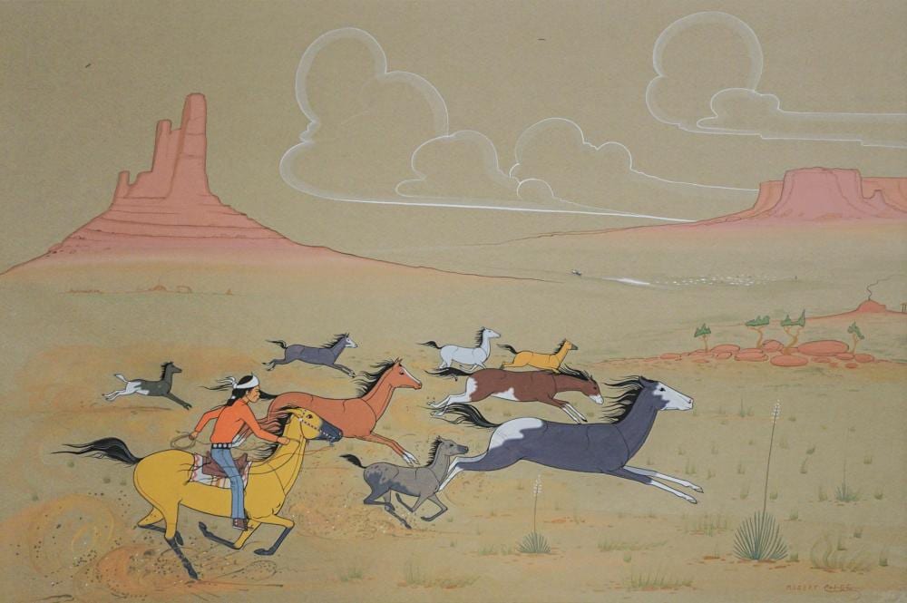 Robert Chee comparable auction result: robert chee american 1938 1971 chasing wild horses watercolor and gouache on paper signed l r frame 25 1 4 x 33 in 64 1 x 83 8 cm