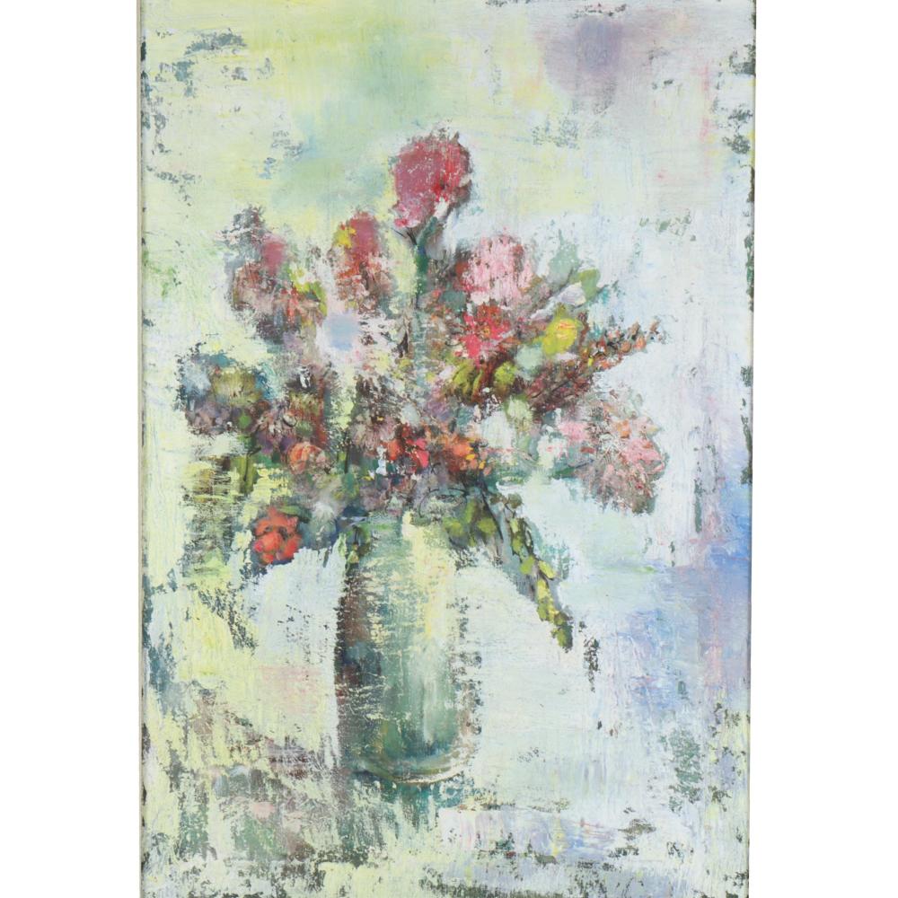 Barbara Rogers Houseworth, Indiana (1925 - 2015), Bouquet in pink, floral still life, oil on canvas, 29 1/2"H x 19 3/4"W(sight), 33 3/4"H x 24"W(frame) sold by Ripley Auctions, lot 177 — auction record photograph