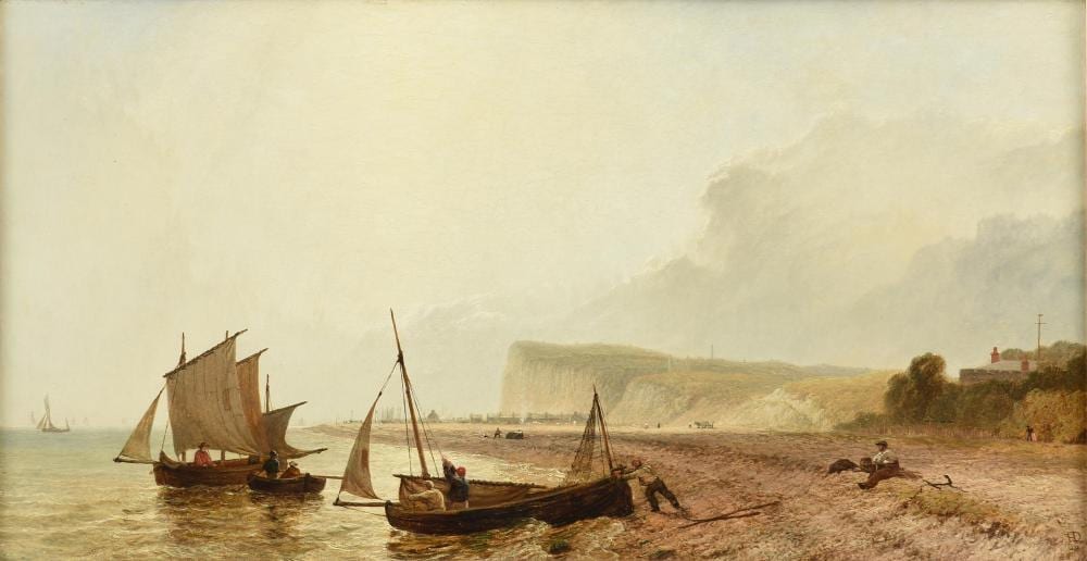 Henry Dawson comparable auction result: henry dawson british 1811 1878 fishermen on the coast 1856 16 x 30 in 40 6 x 76 2 cm frame 25 x 39 in 63 5 x 99 1 cm