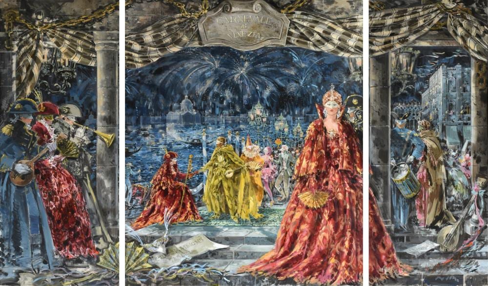 Jeremiah Goodman comparable auction result: jeremiah goodman american 1922 2017 a triptych carnevale di venezia circa 2000 central panel 72 x 60 in 182 9 x 152 4 cm side panels 72 x 30 in 182 9 x 76 2 cm