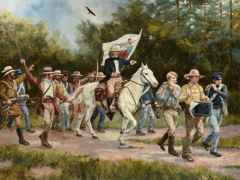 Nenad Mirkovich comparable auction result: nenad mirkovich american texas b 1951 in the footsteps of heroes 1993 72 x 96 in 182 9 x 243 8 cm frame 84 x 108 in 213 4 x 274 3 cm
