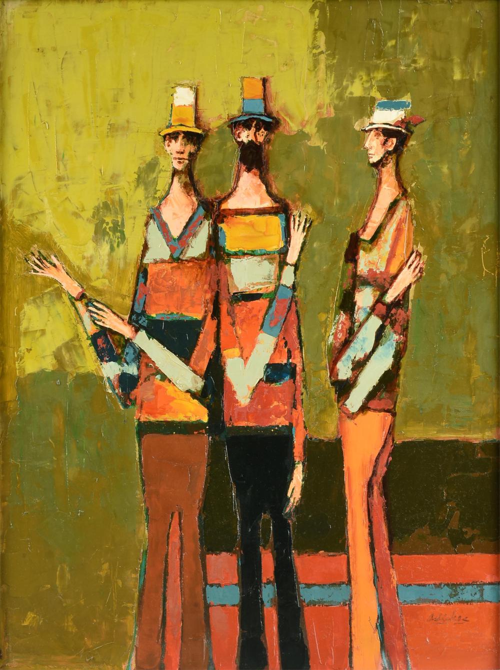DAVID ADICKES (American/Texas b. 1927) "Three Figures with a Green Background," LATE 20TH CENTURY, 40 x 29 3/4 in. (101.6 x 75.6 cm.), Frame: 46 x 35 3/4 in. (116.8 x 90.8 cm.) sold by Simpson Galleries, LLC, lot 331 — auction record photograph