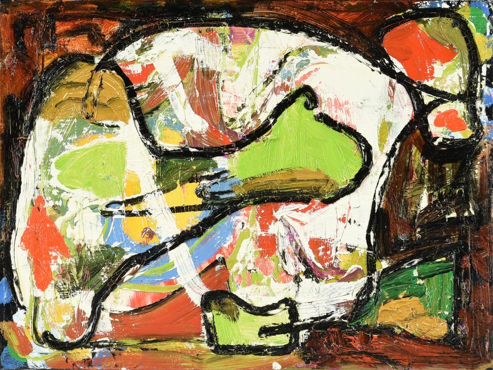 Dick Wray comparable auction result: dick wray american texas 1933 2011 composition with bright colors and black outlines 2001 12 x 16 in 30 5 x 40 6 cm