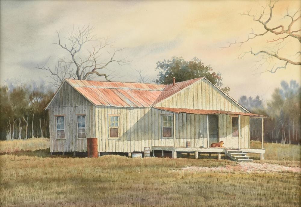 Cal Gaspard comparable auction result: cal gaspard american b 1934 farmhouse with dog on the porch untitled circa 1980s 13 x 19 in 33 x 48 3 cm frame 23 x 29 in 58 4 x 73 7 cm