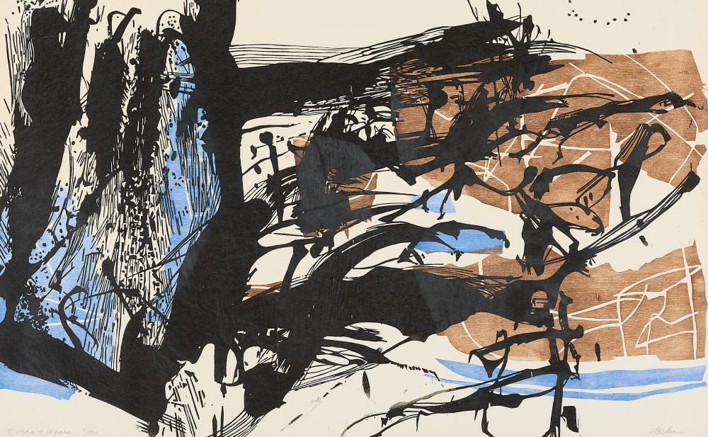 eugene larkin rocks and waves woodcut · Revere Auctions · 2025-05-20 Eugene Larkin comparable auction result: eugene larkin rocks and waves woodcut