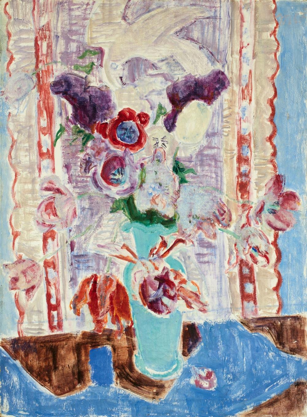 Maria Caspar-Filser comparable auction result: maria caspar filser flieder und tulpen in t rkisblauer vase vor vogelmotivtuch und hellblauem grund 1948