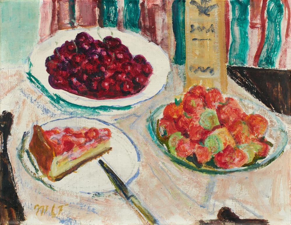 Maria Caspar-Filser comparable auction result: maria caspar filser kirschen und erdbeeren mit kuchenst ck und maraschinoflasche 1949