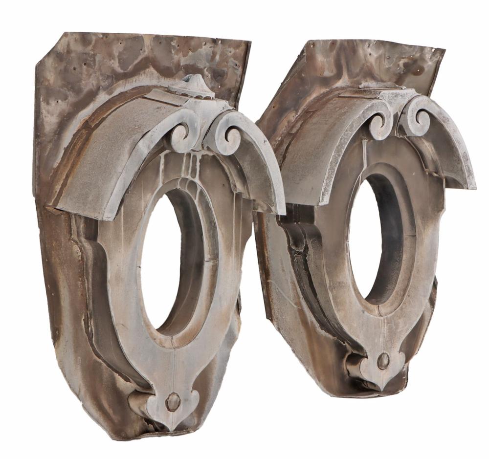 A PAIR OF ANTIQUE ZINC FRENCH WINDOW SURROUNDS, PERFECT FOR A PAIR OF CHIC MIRRORS! sold by Kamelot Auctions, lot 3112 — auction record photograph