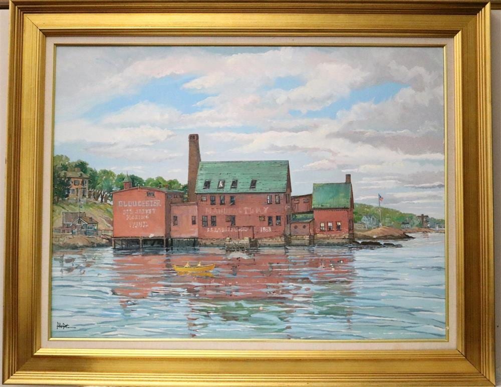 john nesta american 1945 2017 gloucester marine paint manufactory rocky neck 2008 oil on canvas signed lower left hand corner · Sloans & Kenyon · 2025-05-15 John Nesta comparable auction result: john nesta american 1945 2017 gloucester marine paint manufactory rocky neck 2008 oil on canvas signed lower left hand corner