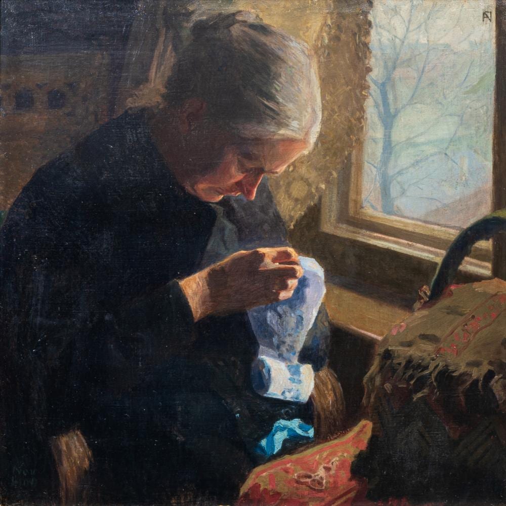 Franz Nölken comparable auction result: franz n lken hamburg 1884 la capelle 1918 the artist s mother doing needlework