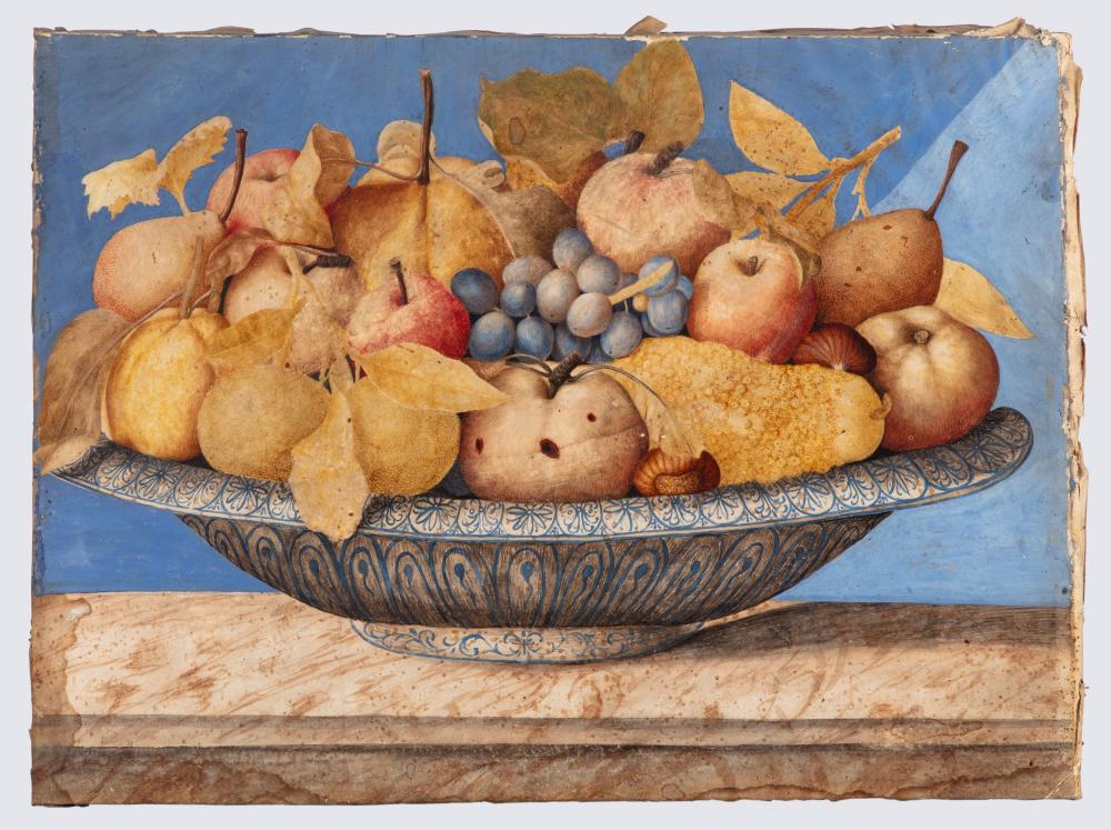Octavianus Monfort comparable auction result: octavianus monfort documentato in piemonte tra il 1680 e il 1689 apples pears grapes chestnuts and other fruits in a white and blue ceramic stand on a stone surface