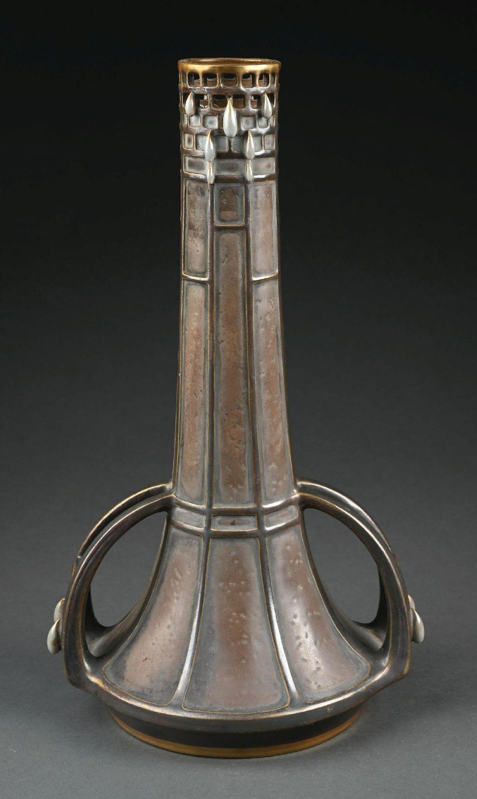 Paul Dachsel comparable auction result: paul dachsel 2 handled reticulated top vase w teardrops