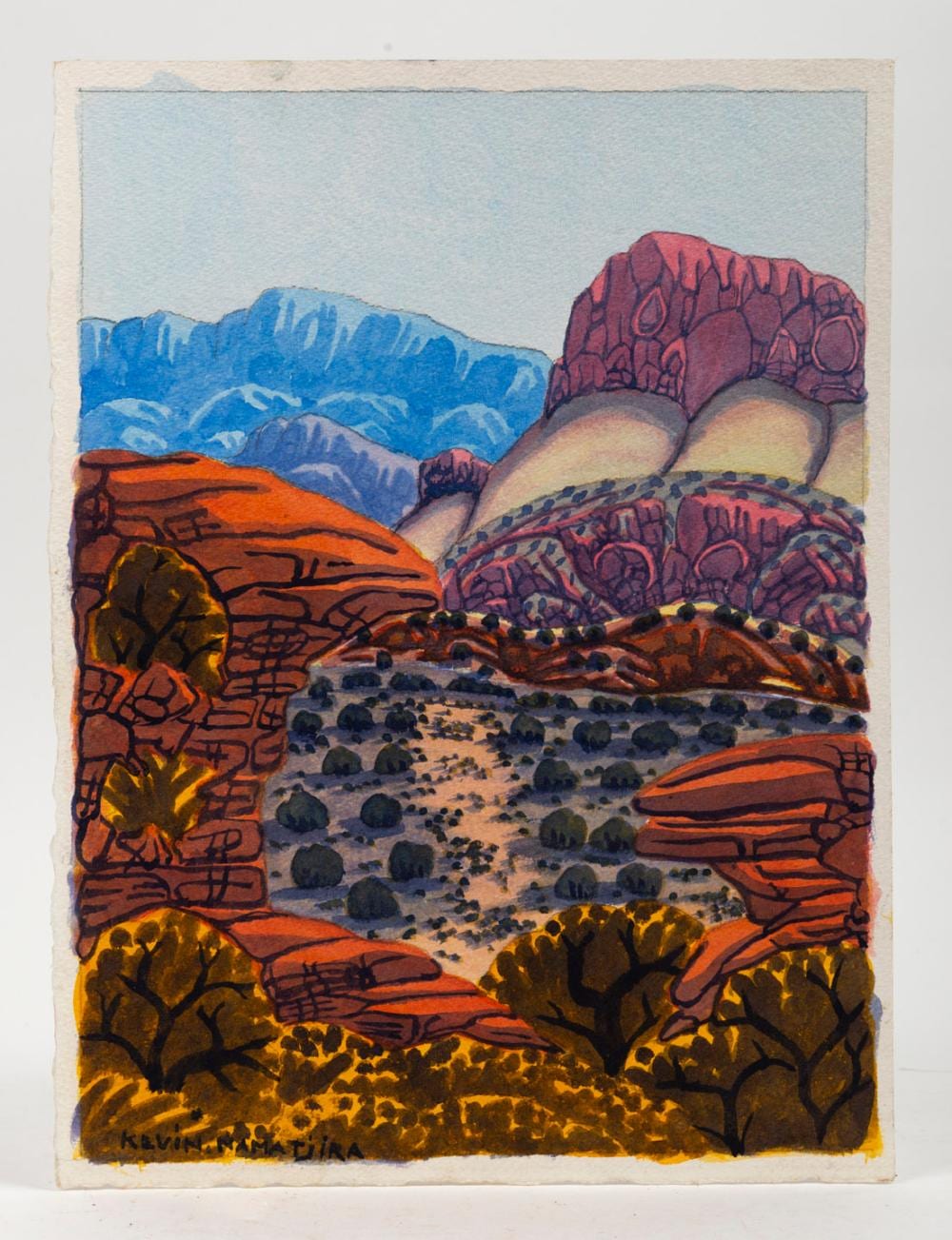 Kevin Namatjira comparable auction result: kevin namatjira 1958 james range watercolour on artcard signed at lower left 38 x 28cm