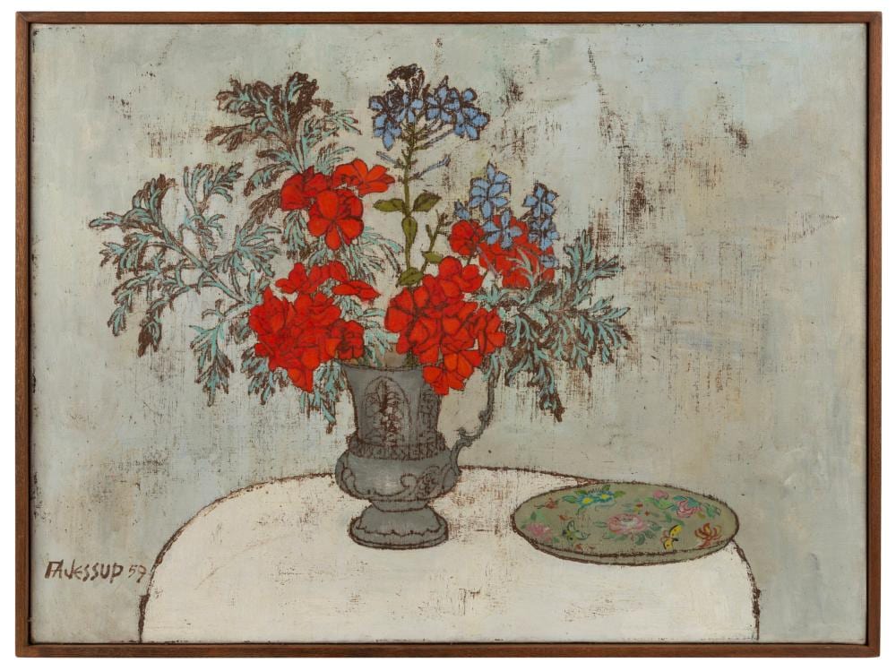 Frederick Arthur Jessup comparable auction result: frederick arthur jessup 1920 2007 geraniums oil on canvas signed lower left f a jessup 59 australia galleries label verso 45 x 61cm 47 x 63cm overall