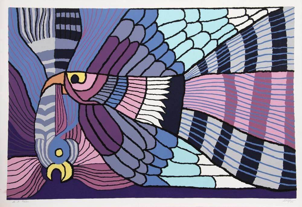 Víctor Delfín comparable auction result: victor delfin purple fighting cocks screenprint