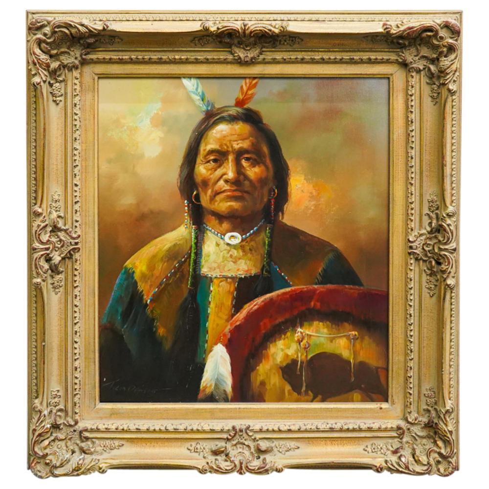 Portrait painting of a Native American man with long hair and colorful clothing, shown from the chest up, holding a painted drum or container.