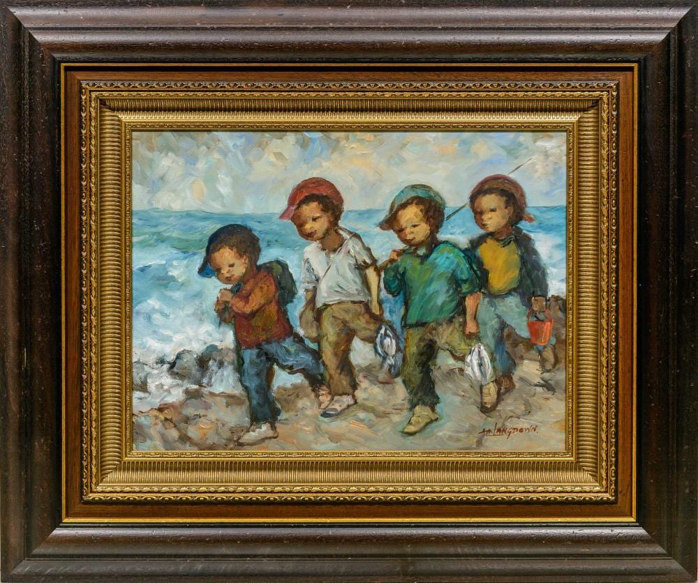 Amos Langdown comparable auction result: amos langdown sa 1930 2006 oil boys coming back from fishing signed 45 x 60