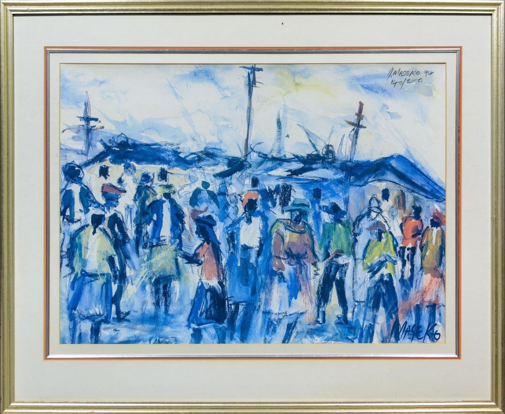 Joe Maseko comparable auction result: joe maseko sa 1940 2008 reproduction township scene with figures signed dated 94 numbered 140 200 in pencil