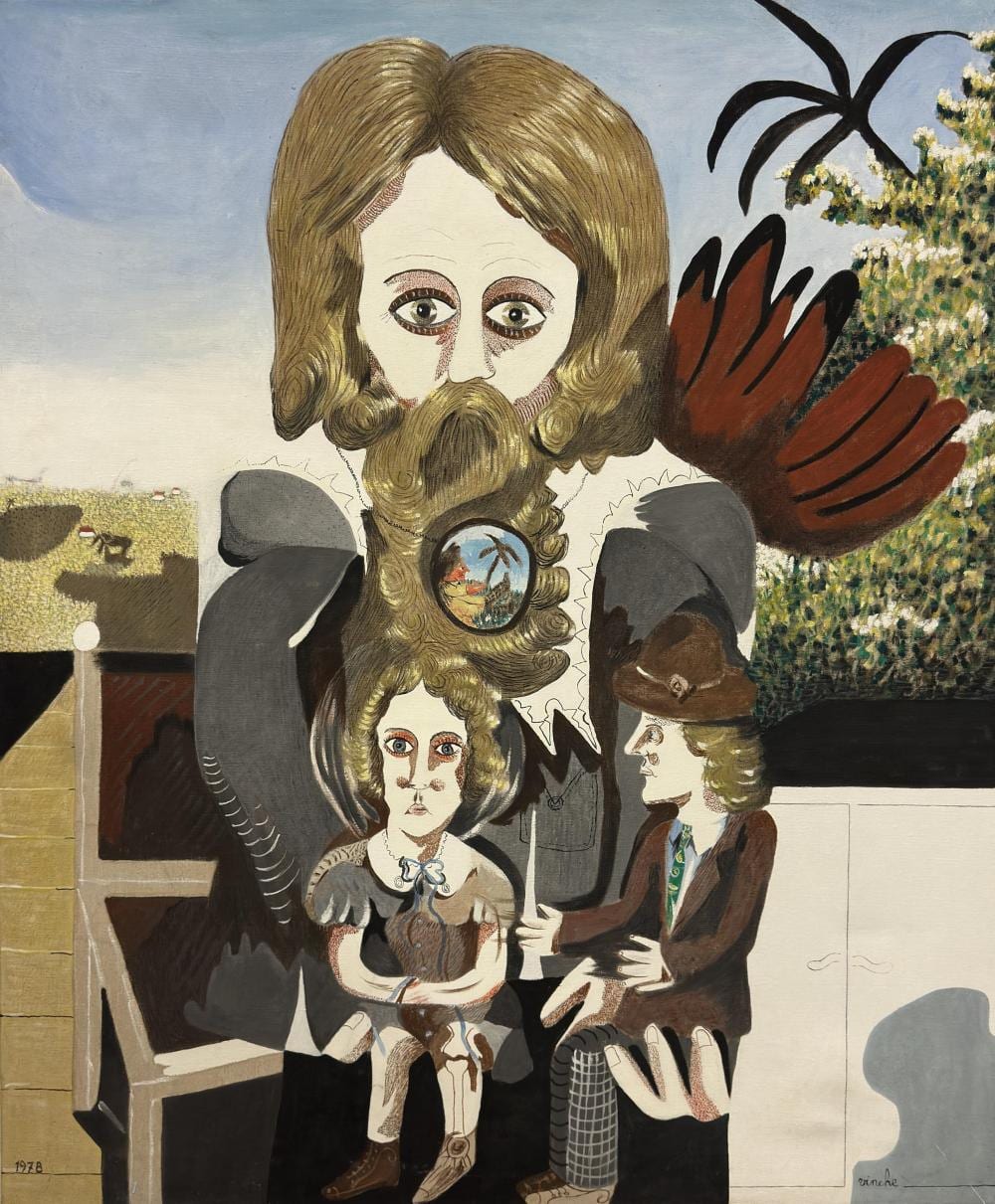 Lionel Vinche comparable auction result: lionel vinche 1936 des trois petites maisons blanches l ogre a emport son couple de nains pr f r s janvier 1978 huile sur toile dimensions 119 x 100 cm