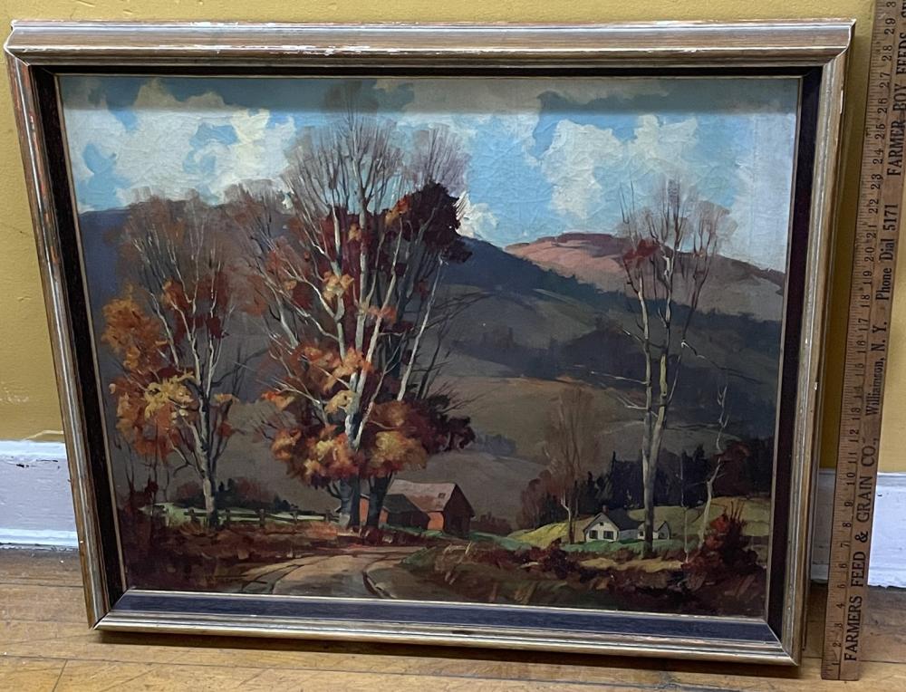 Walter T. Sacks (American b.1901, d. 1961) Farmhouse off a Dirt Road Fall Landscape Scene Oil on Canvas Painting FRAMED sold by One Source Auctions, lot 172 — auction record photograph