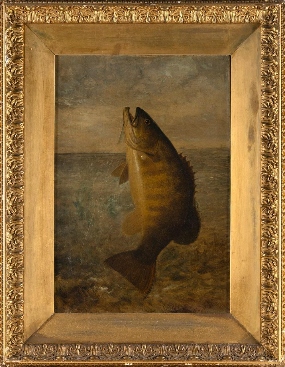 richard la barre goodwin new york california new jersey 1840 1910 leaping smallmouth bass on the line oil on canvas 25 x 17 framed 35 x 27 · Eldred's · 2025-05-21 Richard La Barre Goodwin comparable auction result: richard la barre goodwin new york california new jersey 1840 1910 leaping smallmouth bass on the line oil on canvas 25 x 17 framed 35 x 27