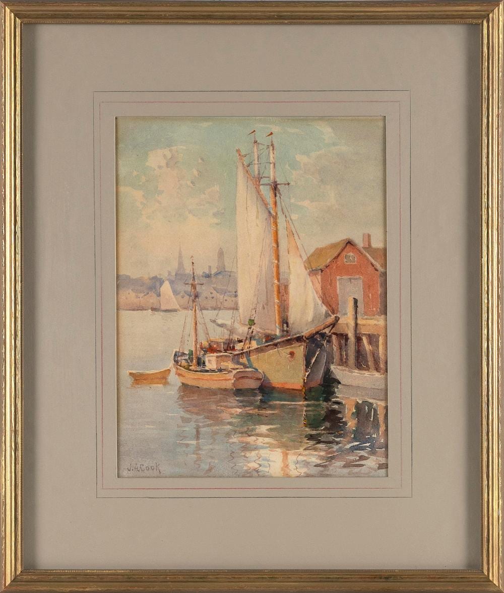John A. Cook comparable auction result: john alfred cook massachusetts 1870 1936 inner harbor gloucester massachusetts watercolor on paper 11 75 x 9 sight framed 19 x 16