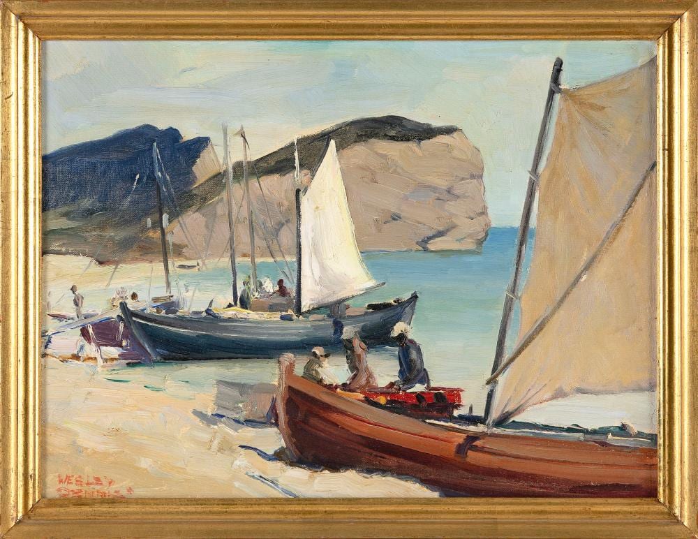 Wesley Dennis comparable auction result: wesley dennis massachusetts virginia france 1903 1966 island beach scene with figures and boats oil on artist panel 12 x 16 framed 13 5 x 17 5