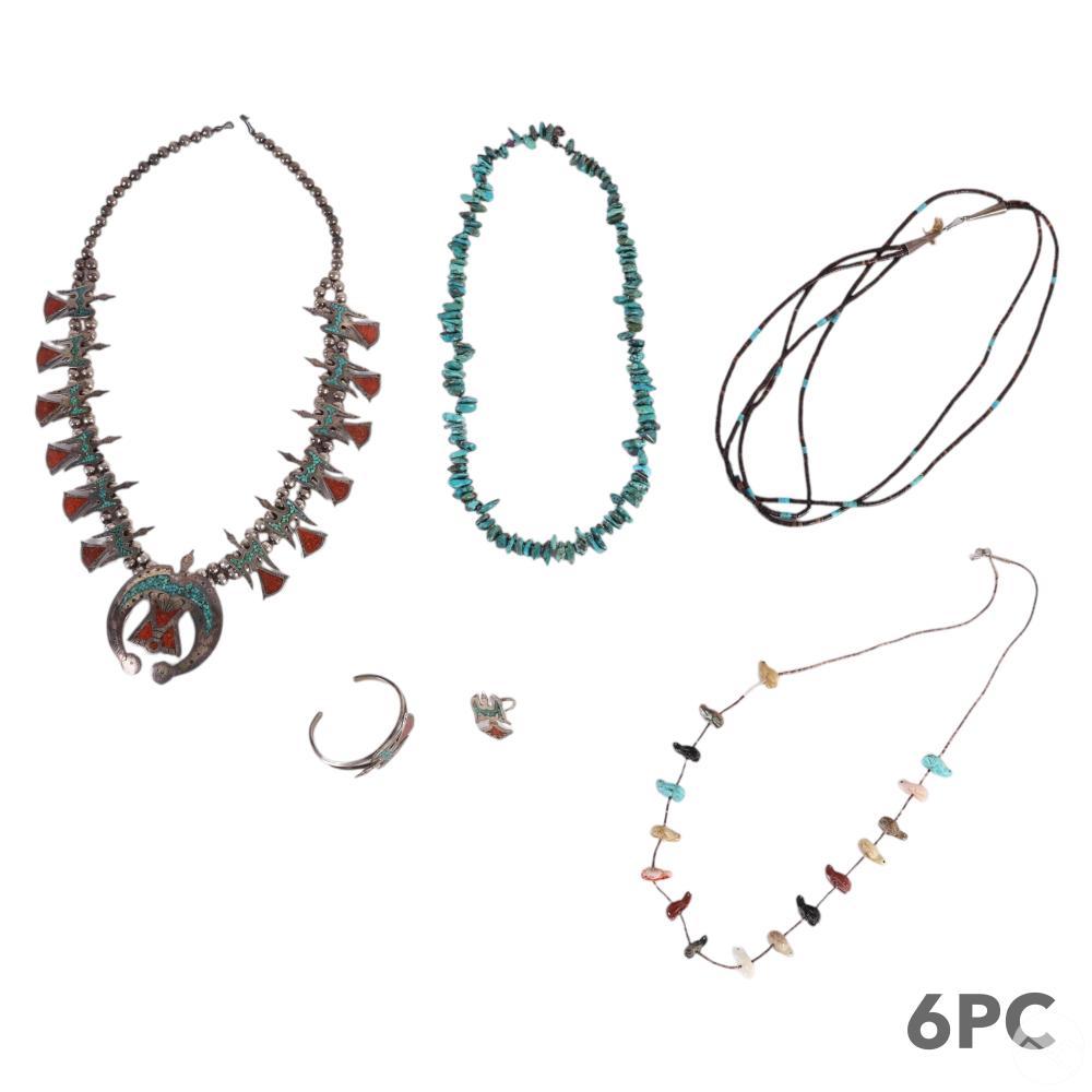 Auction comp thumbnail for Silver Turquoise Coral Native American Jewelry LOT (Hill Auction Gallery, Lot 288)