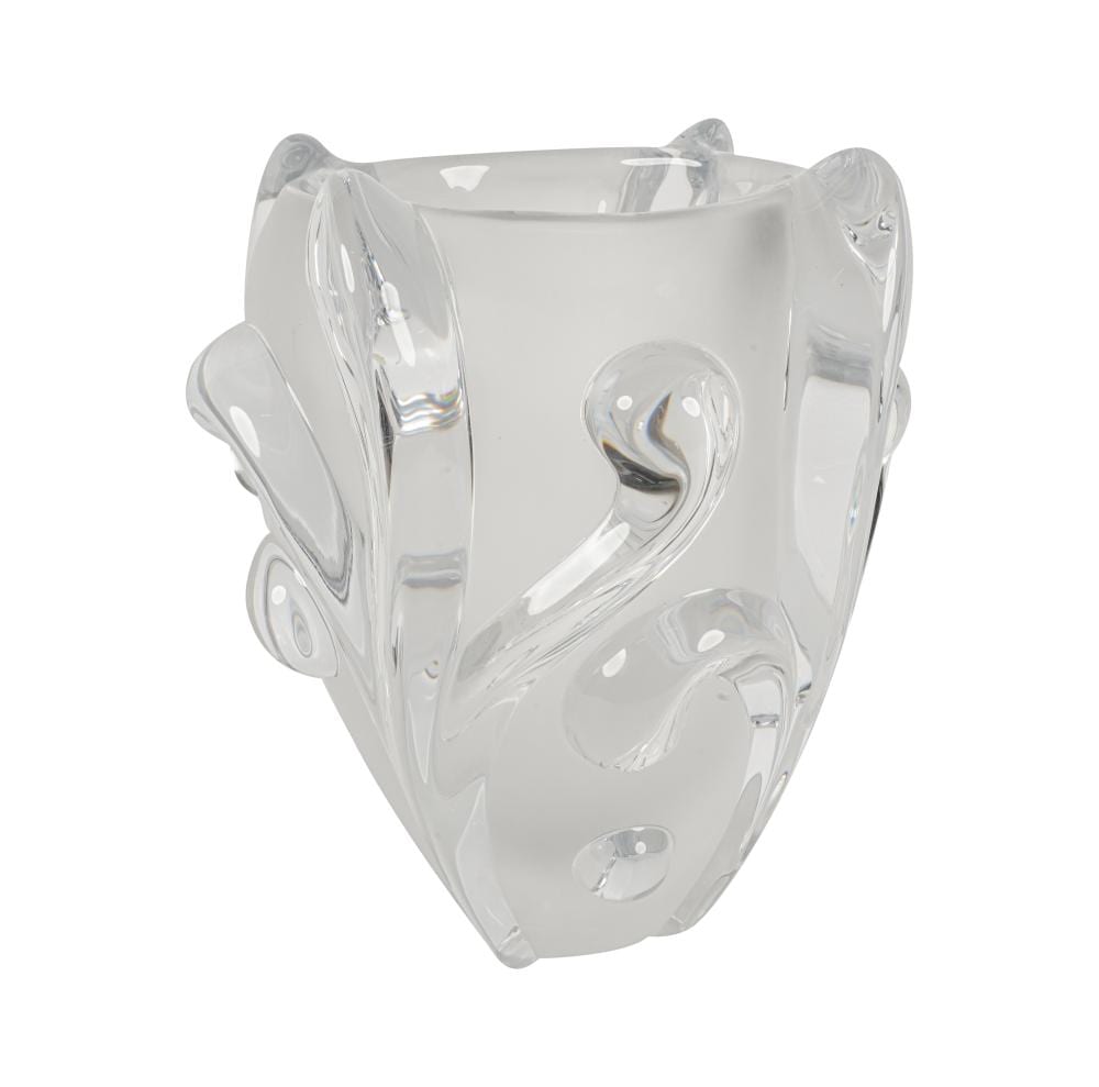 Clear glass crystal vase with faceted sides and abstract curved cutouts around the body.