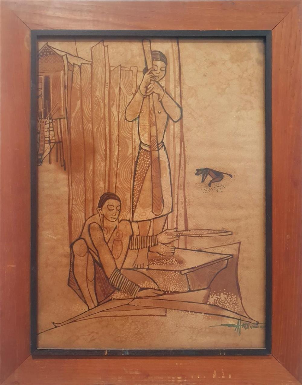 Seah Kim Joo comparable auction result: seah kim joo singapore 1939 villagers batik on silk signed lower right 58 x 48 cm image 72 x 56 cm framed
