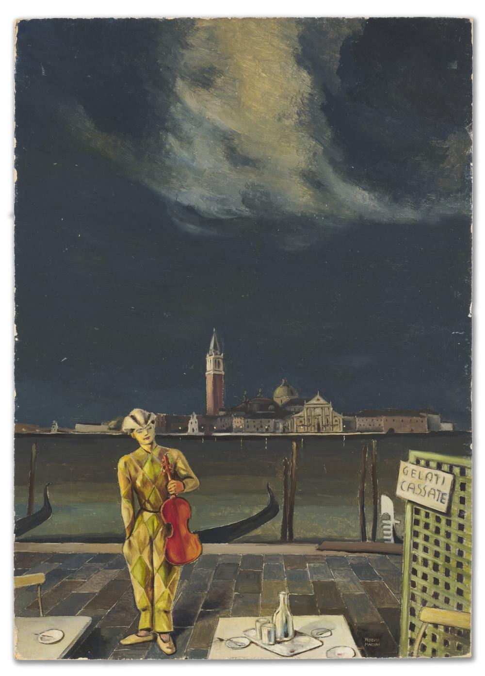 Alberto Martini comparable auction result: alberto martini street violinist in venice 1940 oil on pressed cardboard cm 70 3x50 signed lower right provenance private collection