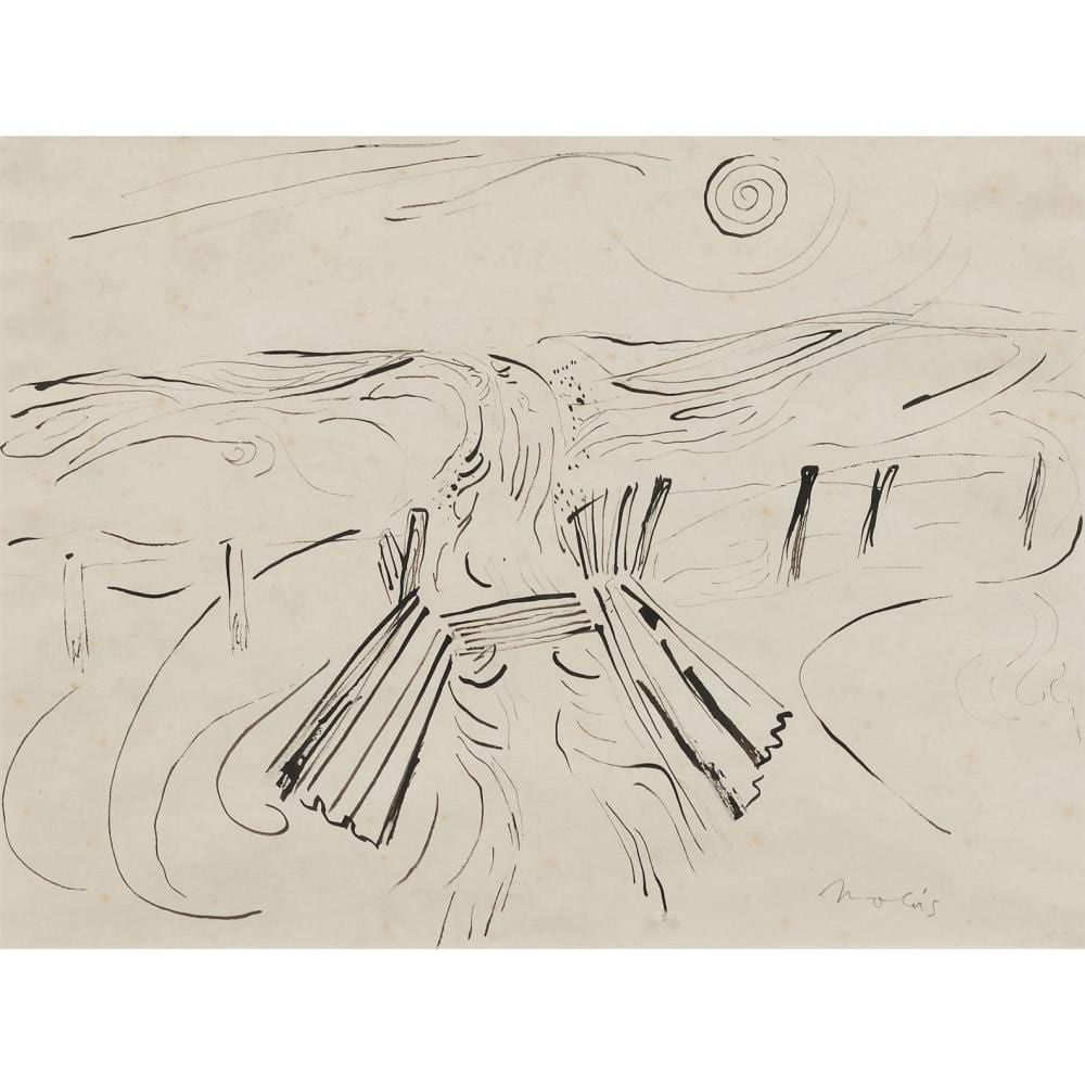 Jon Molvig comparable auction result: jon molvig 1923 1970 the crossing ink on paper 37 x 49cm 53 x 65cm framed