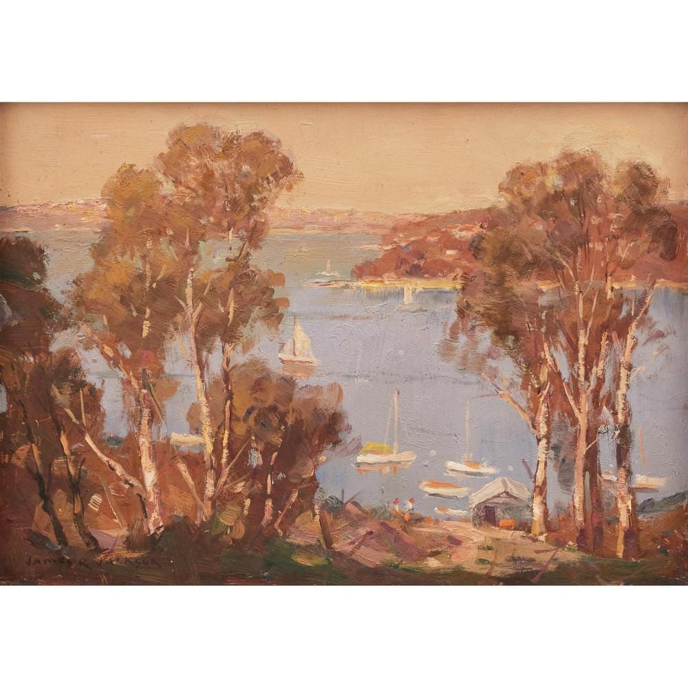 James R. Jackson comparable auction result: james r jackson 1882 1975 autumn sydney harbour oil on board 24 5 x 34 5cm 36 x 46cm framed