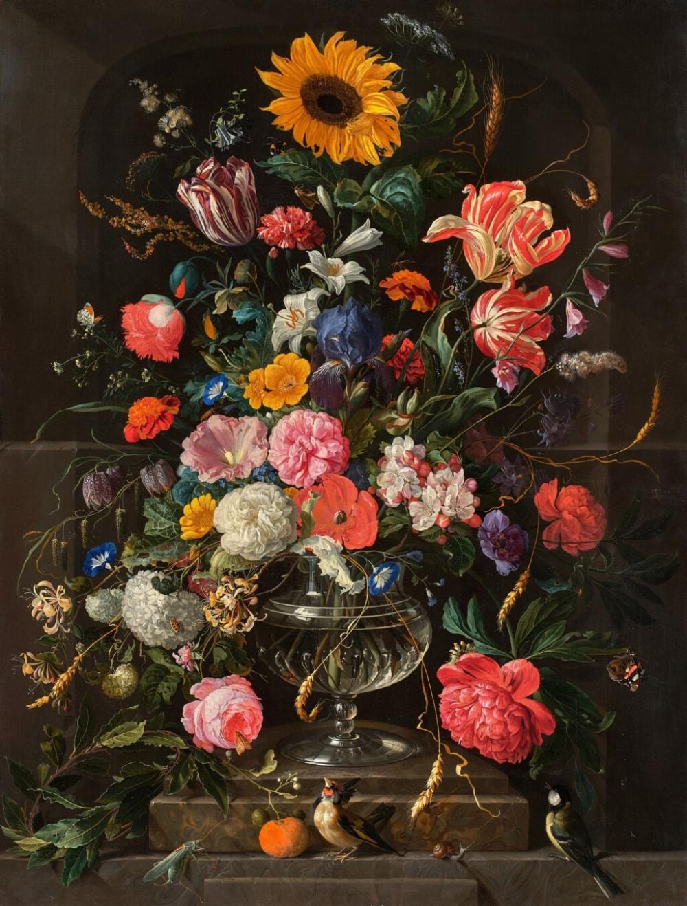 Still Life of Roses, Tulips, Lilies, Poppies, Honeysuckle, a Sunflower, an Iris, and Other Flowers in a Glass Vase with Two Birds, a Grasshopper, and a Snail comparable sale