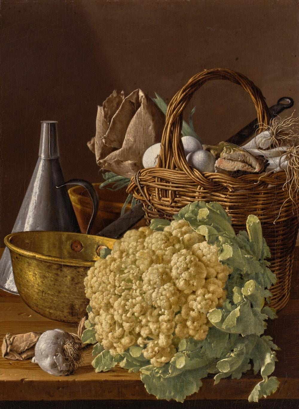 Still Life with a Cauliflower, a Basket with Eggs, Leeks, and Fish, and Assorted Kitchen Utensils comparable sale