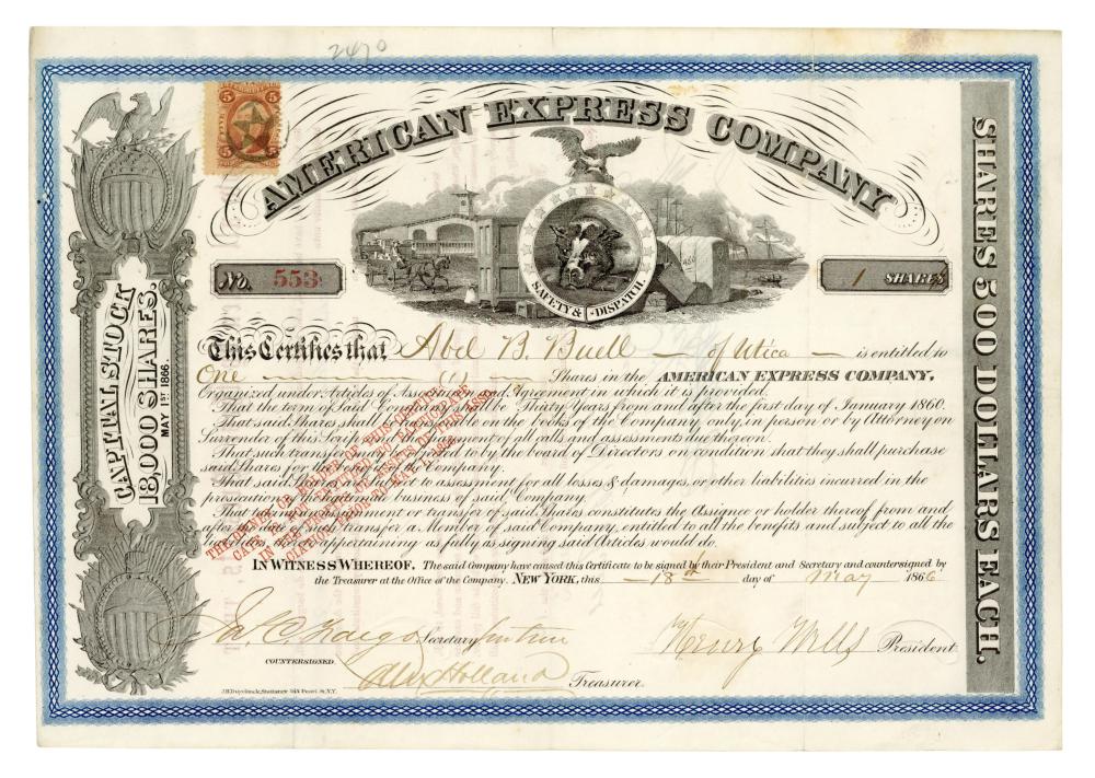 Henry Wells comparable auction result: henry wells william fargo signed 1866 american express stock with uncommon non cancelled signatures