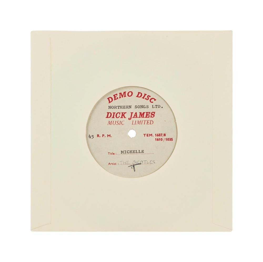 White record sleeve with a center label reading “DEMO DISC” and “MICHELLE,” showing “DICK JAMES MUSIC LIMITED” around the label.