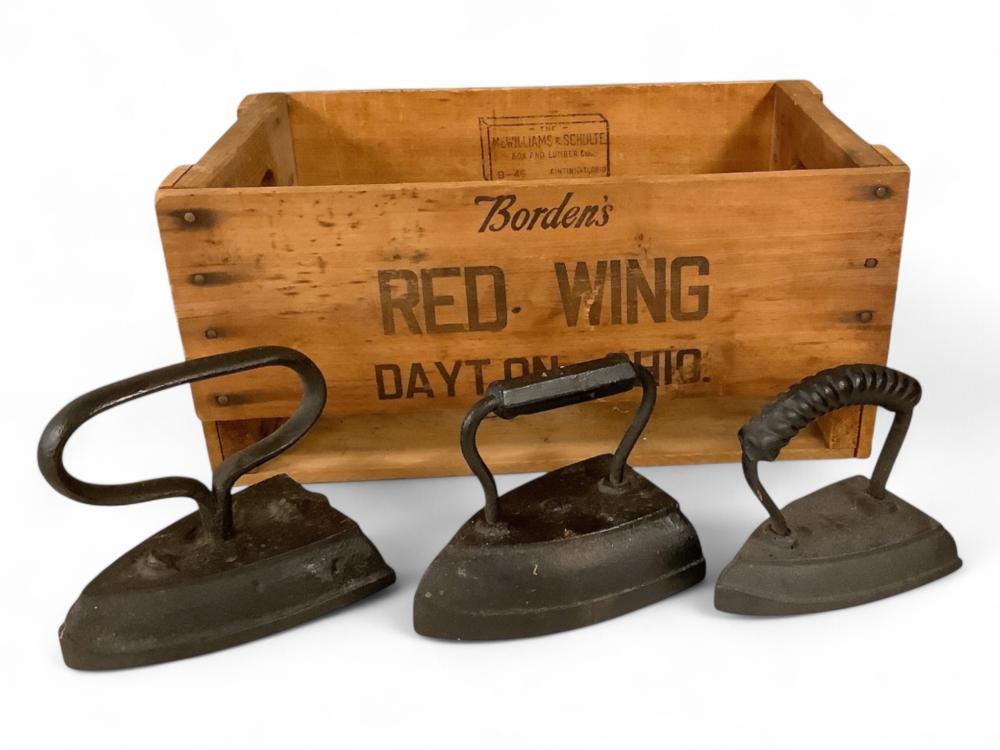 Vintage Borden Advertising Crate & Sad Irons Crate 8 1/4 x 10 3/4 x 17 1/2 in. (21 x 27.3 x 44.5 cm.) sold by Apple Tree Auction Center, lot 253 — auction record photograph